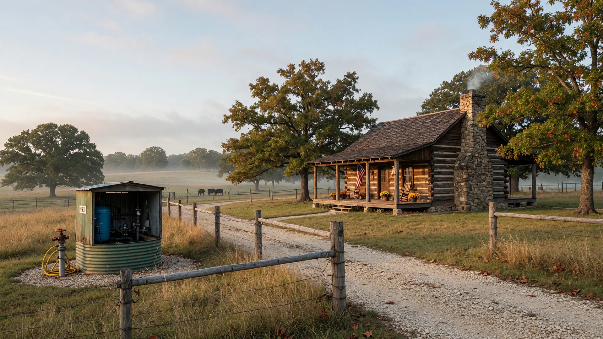 Early-fall light on a rural Northeast Texas acreage with a small well house beside a gravel drive, pipe fencing, and a log cabin among mature oaks