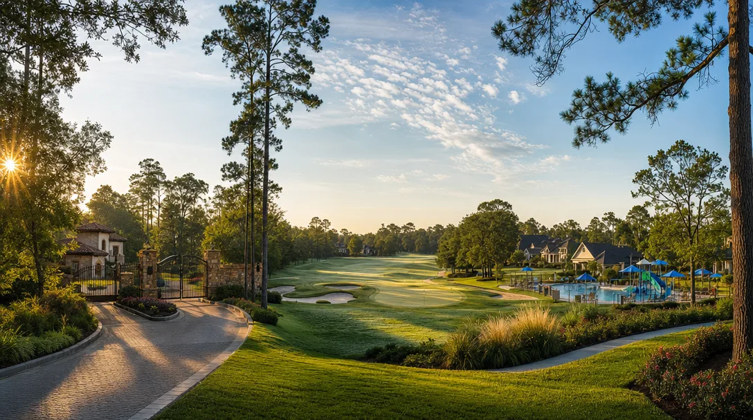 Three master-planned communities in the Humble corridor with a gated entry, golf course, and family park-and-pool