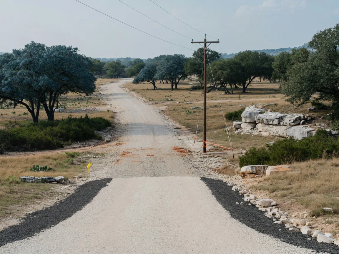 Rural Texas Hill Country gravel driveway and road leading through live oaks and limestone outcroppings with utility pole visible near the road