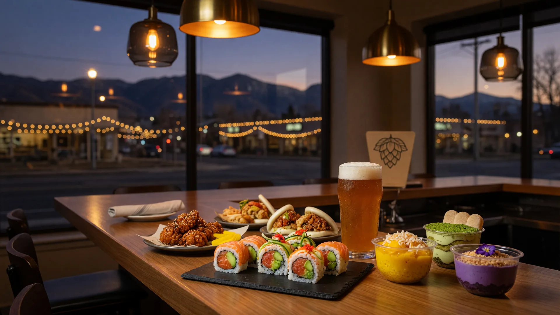 A warm restaurant bar counter at dusk with sushi, street food, a craft beer, and dessert cups near Herriman, Utah