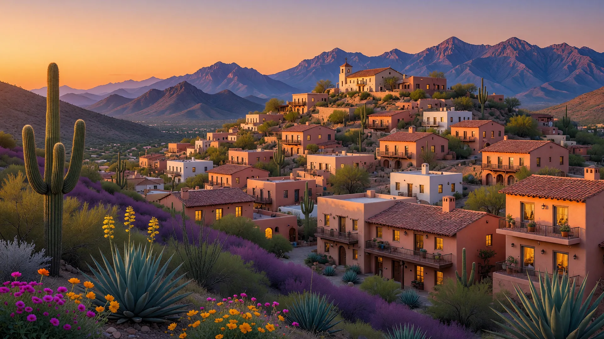 A picturesque hilltop Southwestern town glowing in golden hour light, with buildings climbing the mountainside above the valley