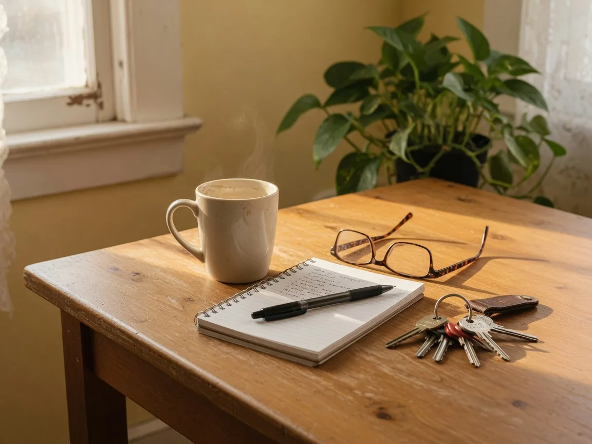 A coffee mug, notepad, reading glasses, and house keys on a wooden table in soft morning light