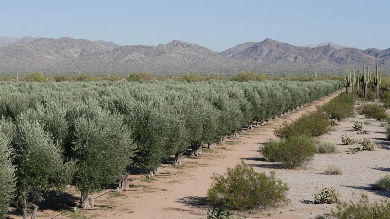 Rows of olive trees at Queen Creek Olive Mill at sunset with the San Tan Mountains glowing behind