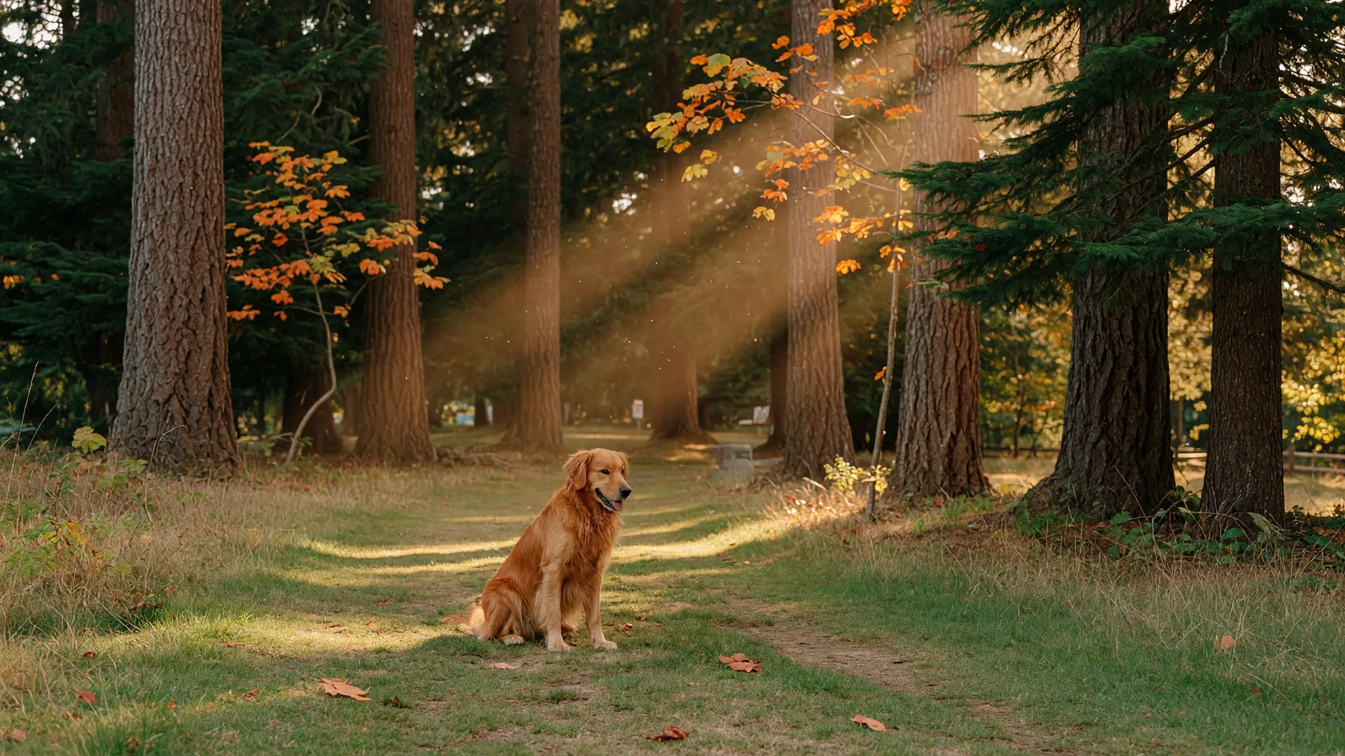 Golden retriever on a grassy trail in a Victoria park with late summer light filtering through trees