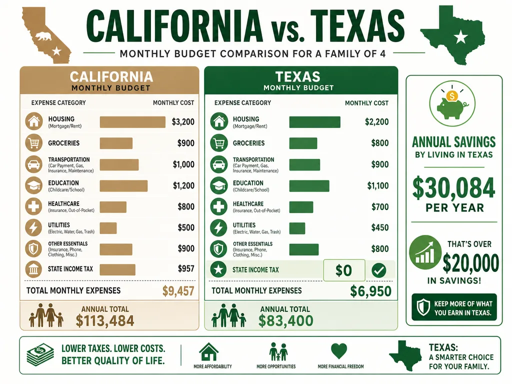 Side-by-side infographic chart comparing a California family's monthly budget against a Texas family's monthly budget, with $0 state income tax highlighted in Texas column and over $20,000 in annual savings shown