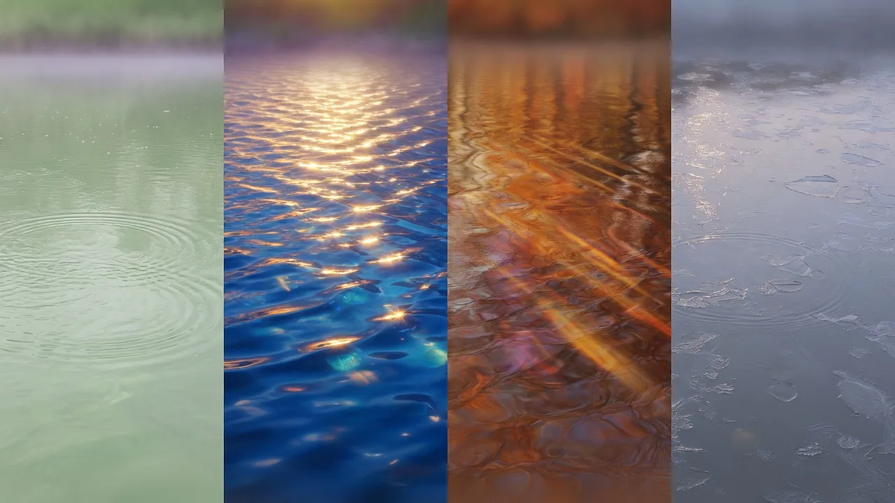 Four seasonal panels of still water, from spring green to winter gray