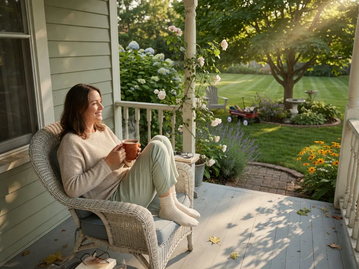 Homeowner relaxing on front porch with coffee on a Saturday morning