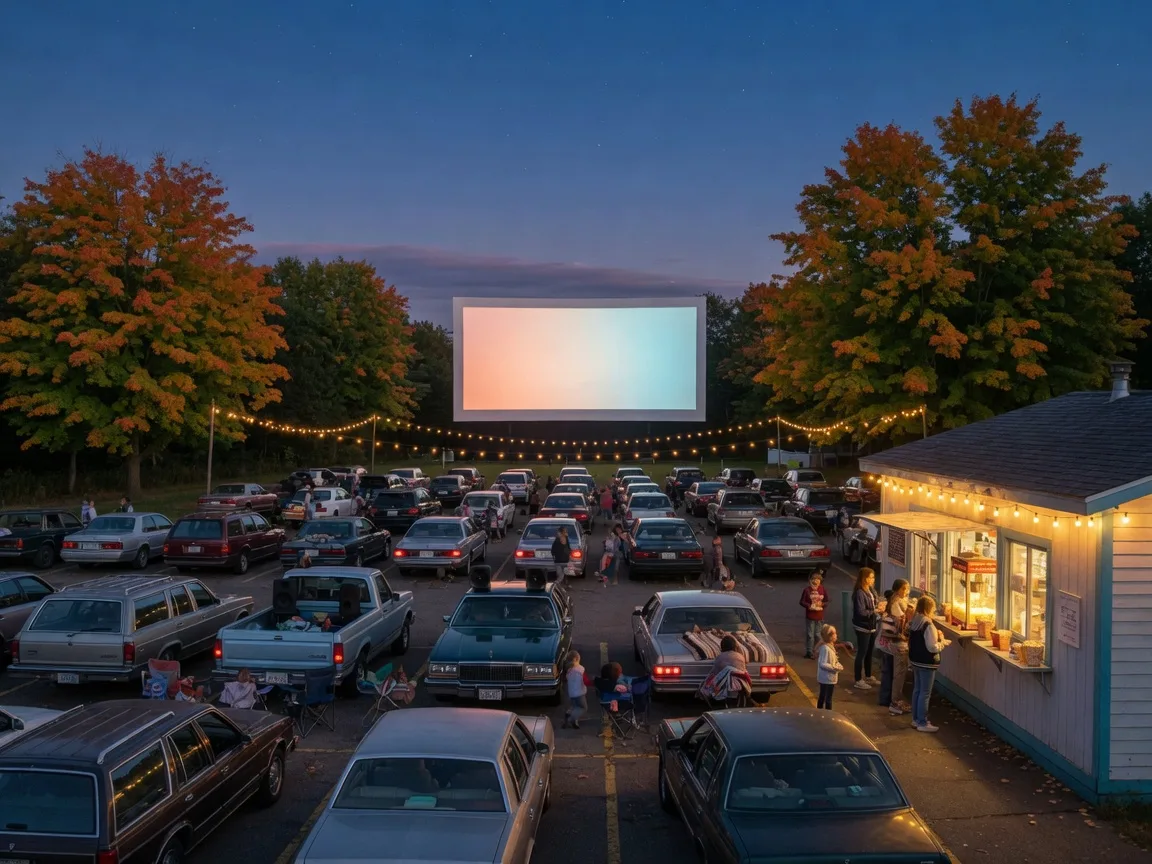 A classic American drive-in movie theater glowing under a late-September dusk sky in Michigan