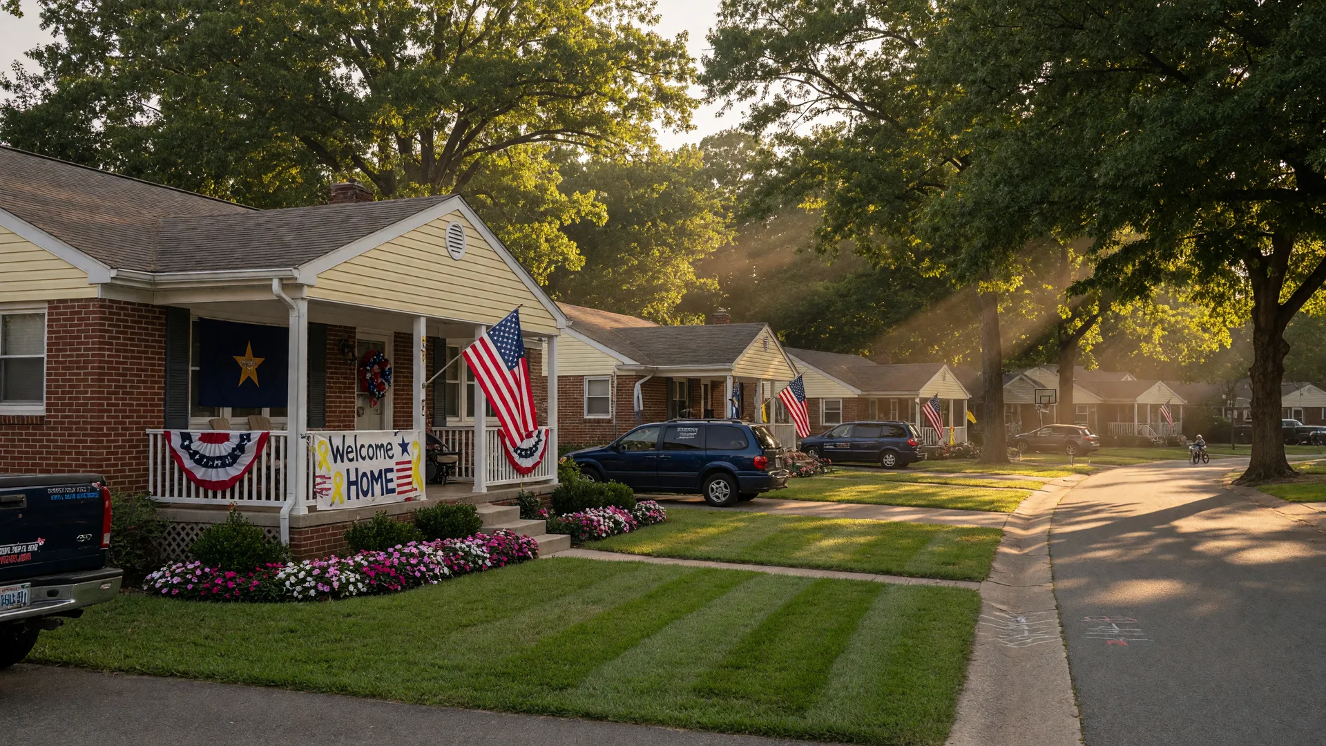 Welcoming suburban home in a Virginia military community with an American flag and patriotic decor in warm afternoon light