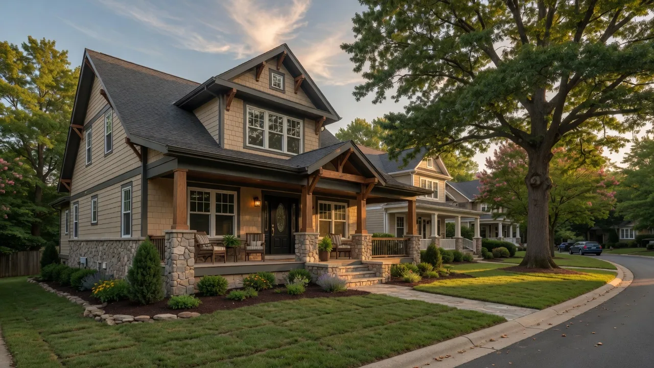 A freshly completed craftsman-style semi-custom home with a welcoming porch and lush landscaping in a leafy Virginia community on a warm late summer evening