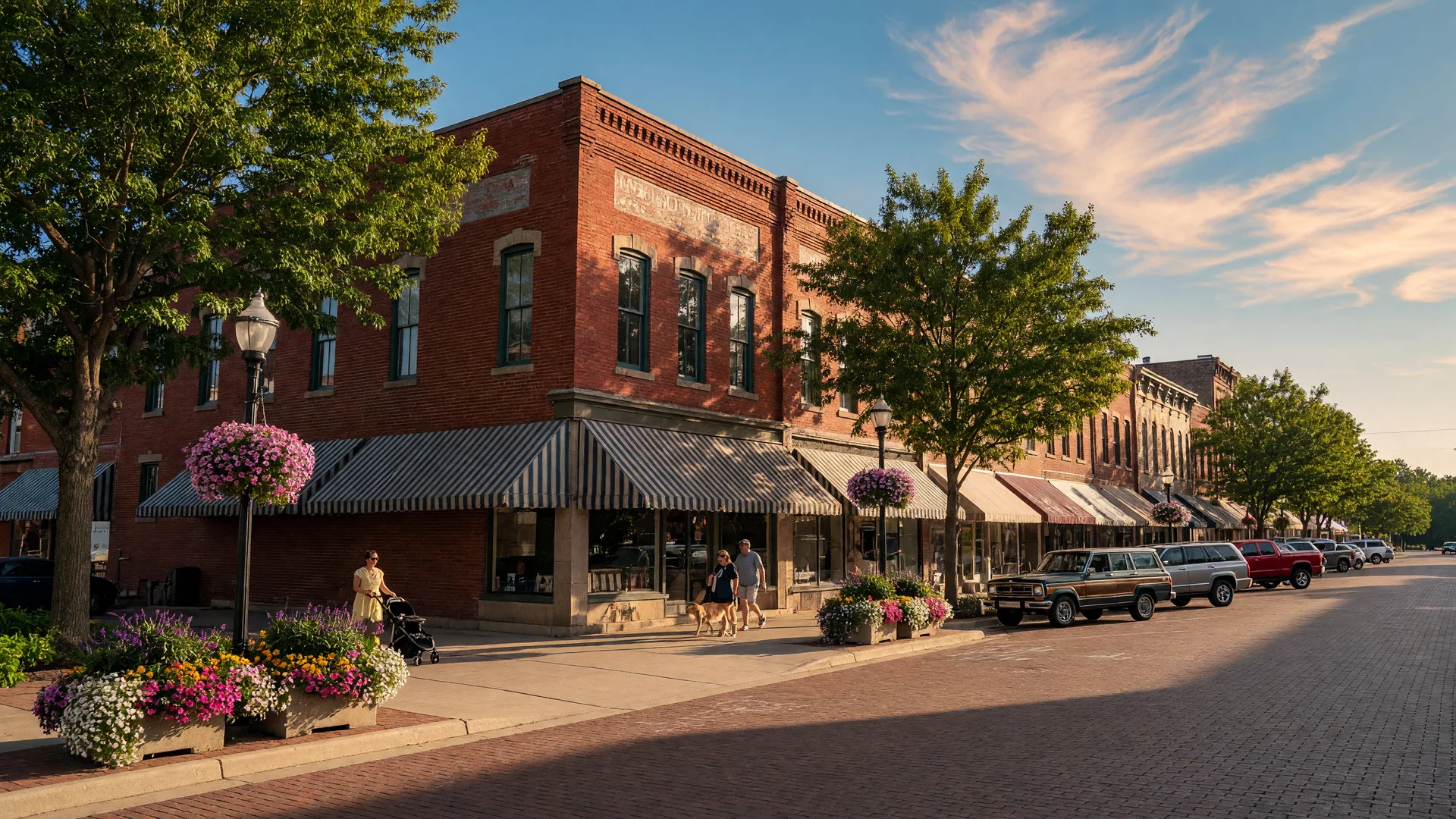 Historic brick storefronts along the downtown Mason Ohio main street on a warm afternoon