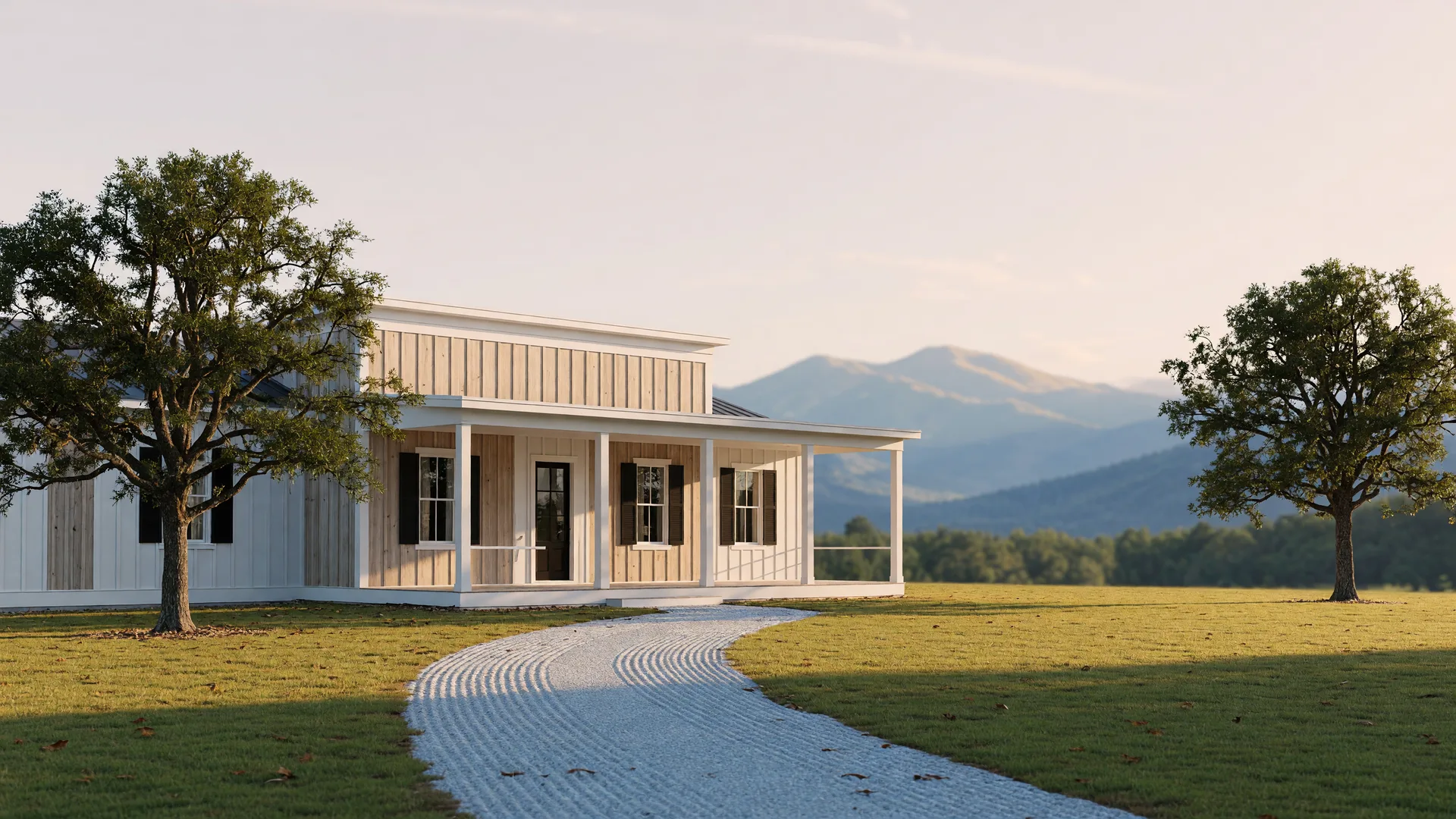 A sunlit modern home in the Upstate South Carolina foothills, with the Blue Ridge on the horizon