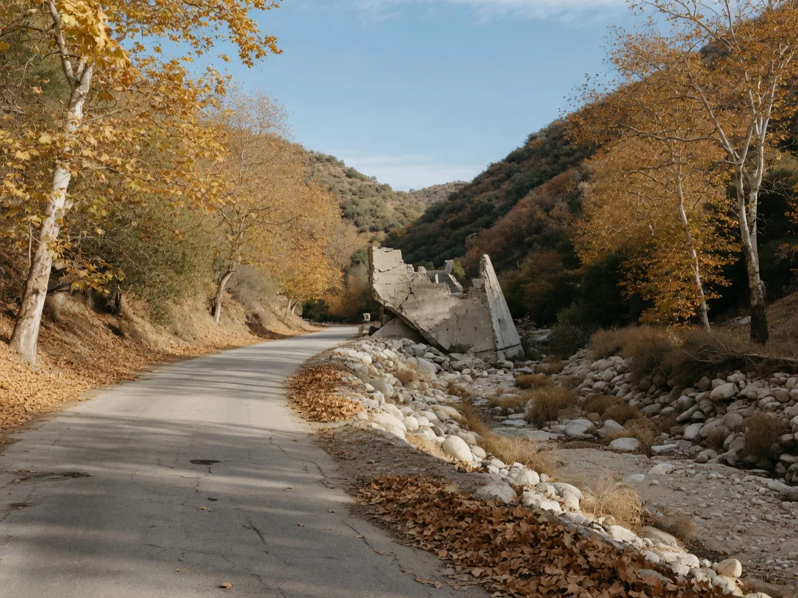 The abandoned Old San Francisquito Canyon Road lined with golden sycamores in autumn, with a low concrete dam ruin fragment in the distance