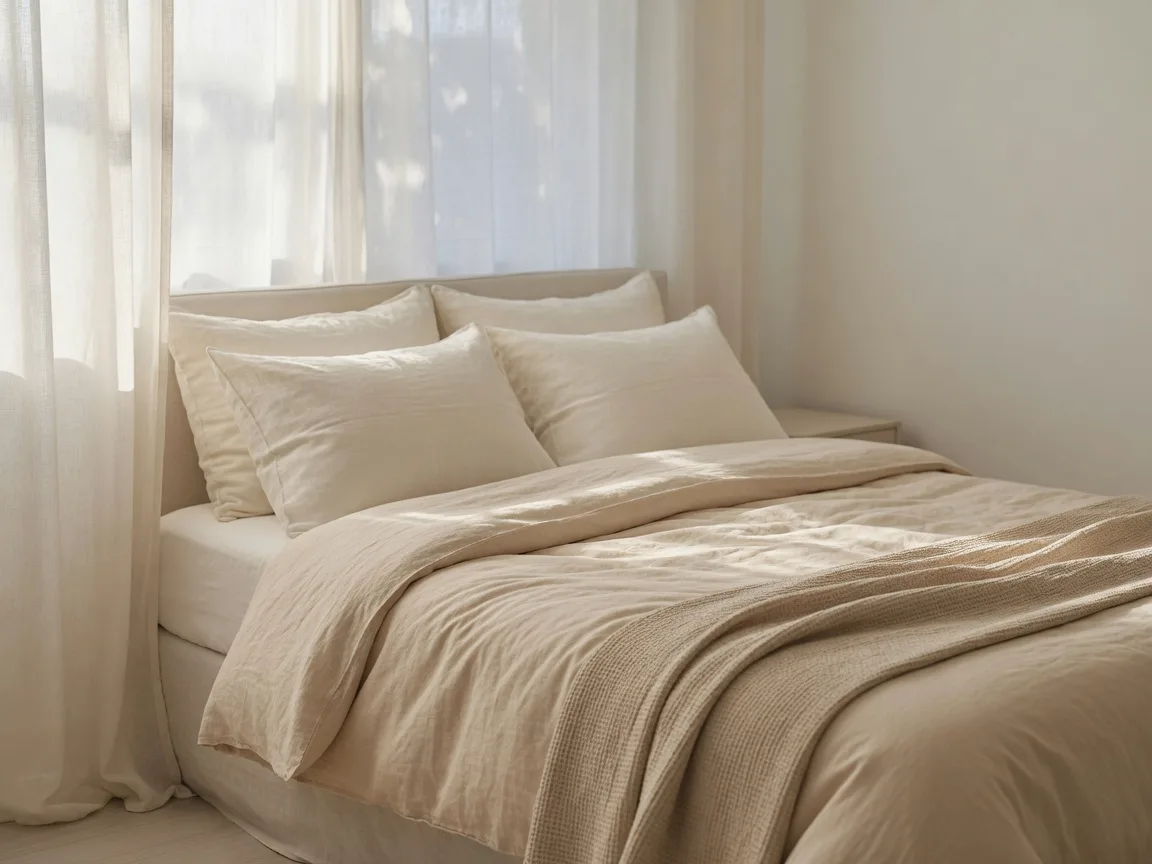 A neatly made bed with cream linen bedding in soft morning light through sheer curtains