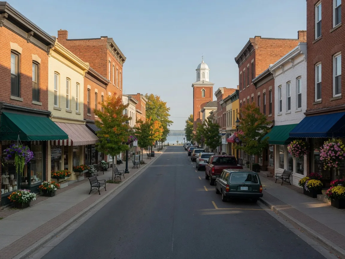 Historic Queen Street in downtown Port Perry on a clear late September morning, with heritage storefronts, flower baskets, the old grain mill, and Lake Scugog glimpsed at the end of the street