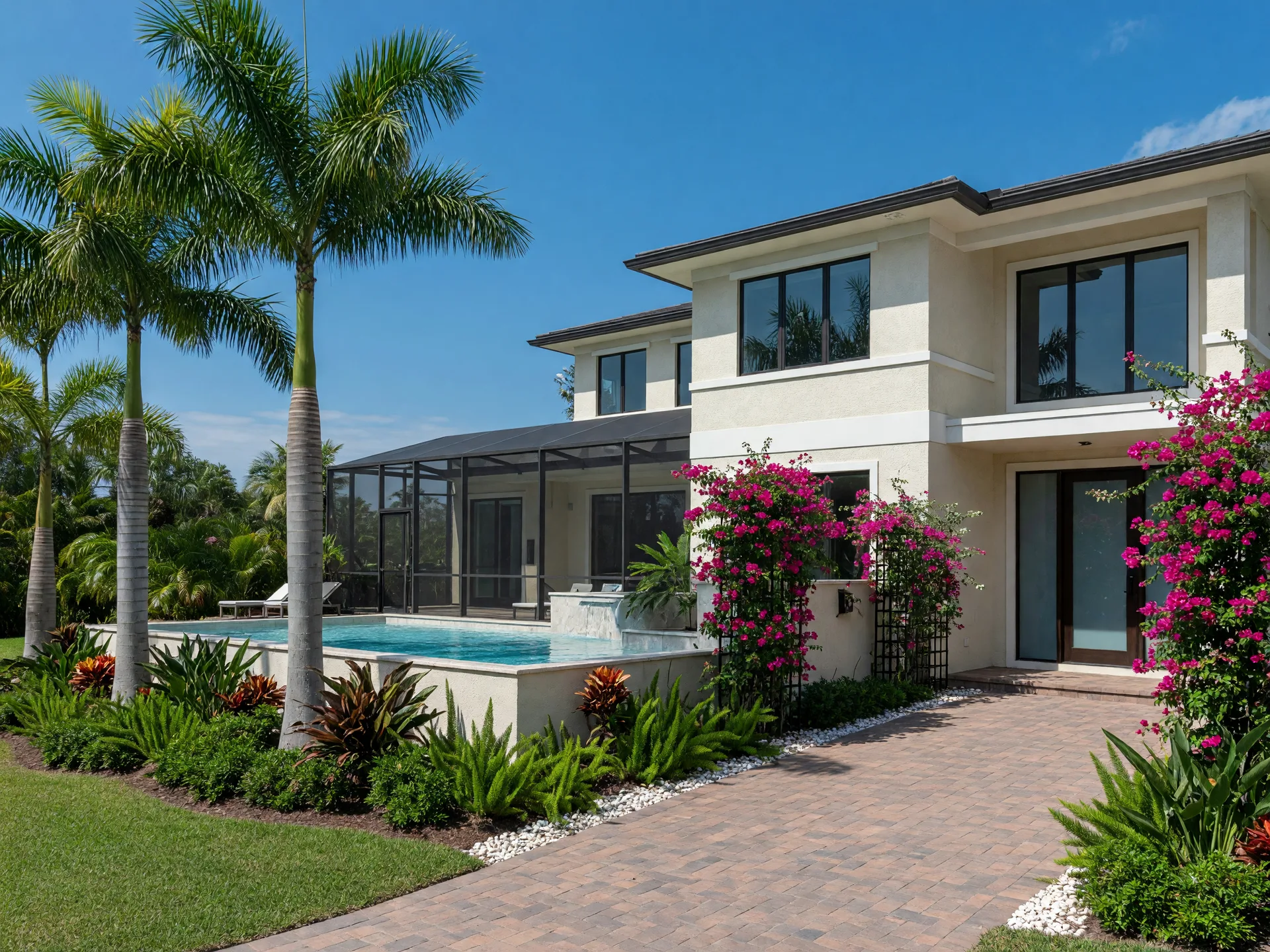 Newly built single-family home in North Naples, Florida with a paver driveway, royal palms, bougainvillea landscaping, and a screened lanai and pool in bright midday light