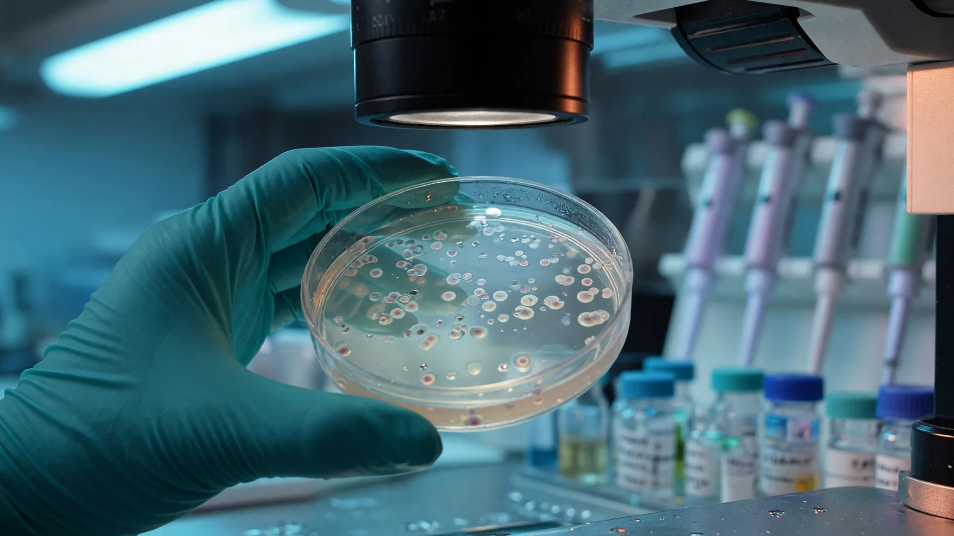 A gloved hand holding a petri dish of cultured cells beneath a laboratory microscope, with cool teal laboratory lighting
