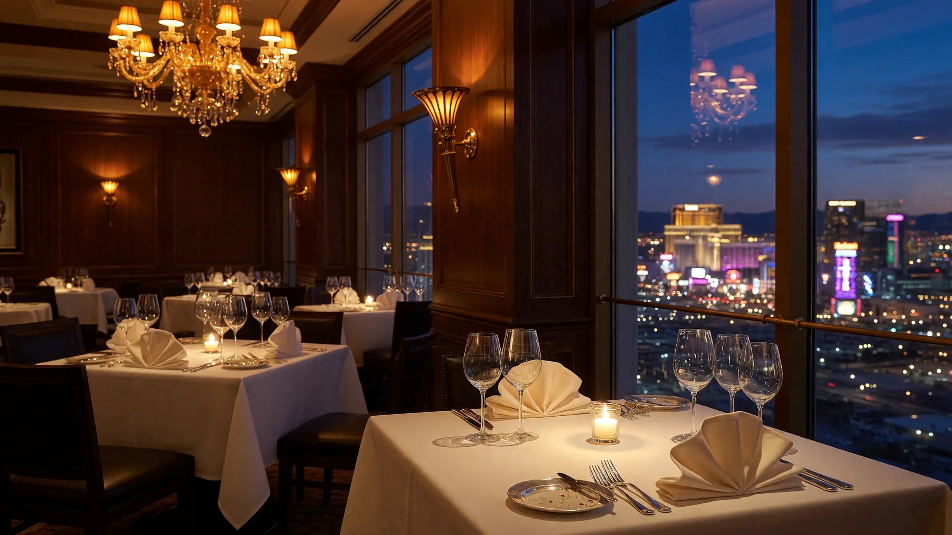 Elegant fine-dining room with chandeliers