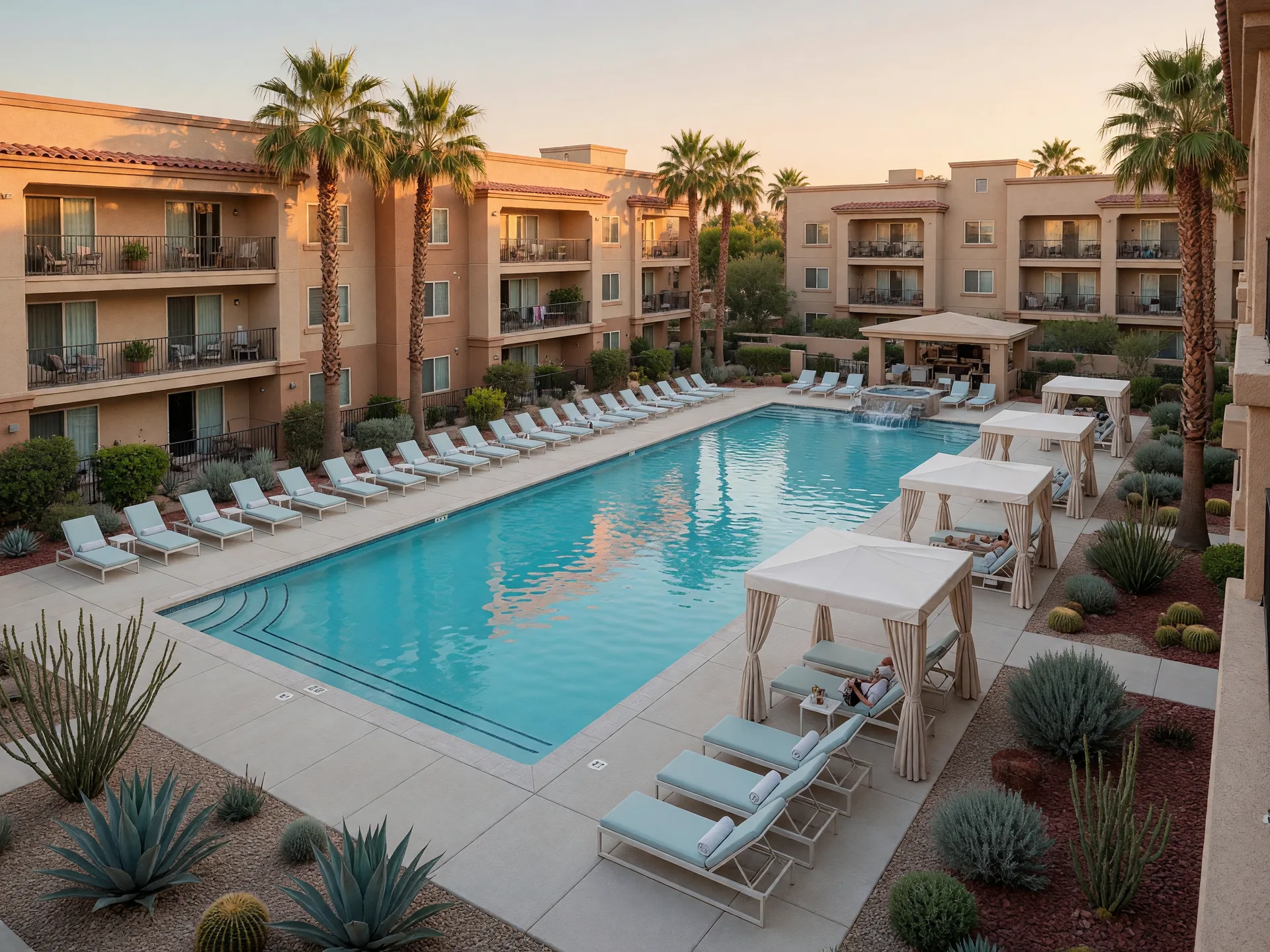 Resort-style swimming pool with loungers and cabanas in the courtyard of a gated Las Vegas condominium community