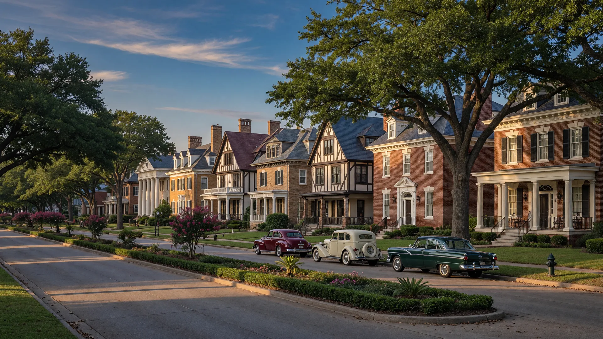 A tree-lined boulevard in the Swiss Avenue Historic District of East Dallas, with early 20th-century revival-style homes along a landscaped esplanade