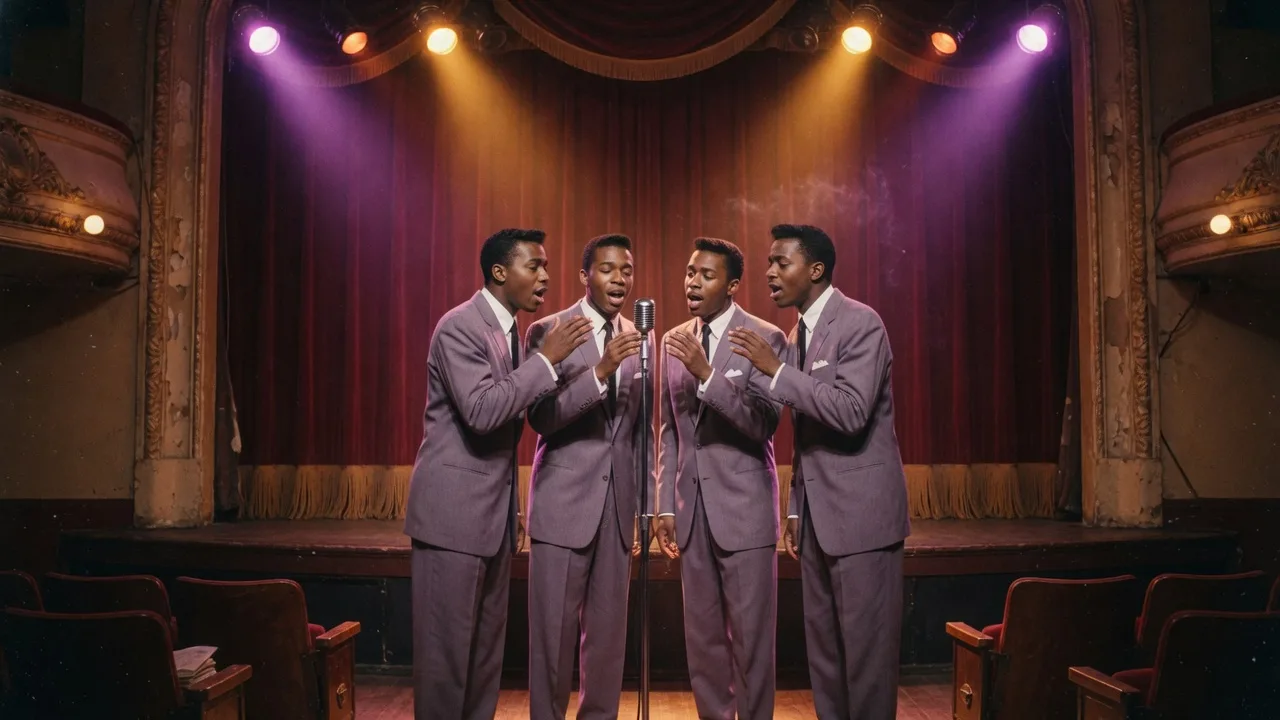 A vintage 1950s-style doo wop vocal group performing on stage with red curtains and warm purple and amber lighting