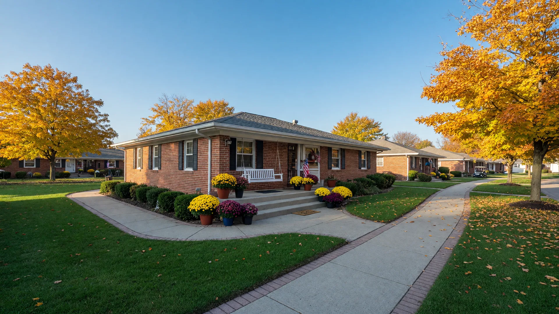 A bright photograph of a single-story brick ranch home in an active adult community in Northwest Indiana with autumn mums on the porch and a paved walking path