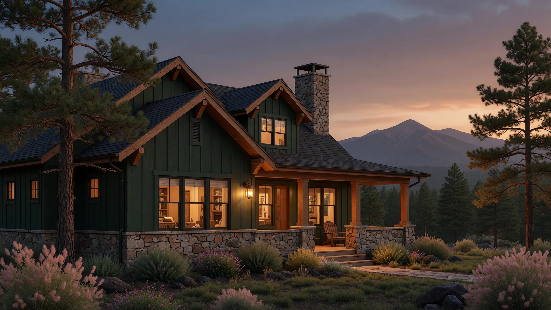 Concept rendering of a contemporary craftsman home with forest green siding and a stone chimney at dusk