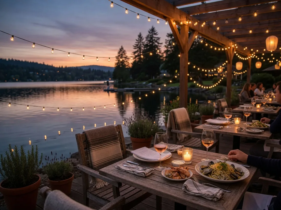 A cozy lakeside restaurant patio at dusk with wine glasses and plates of seasonal pasta