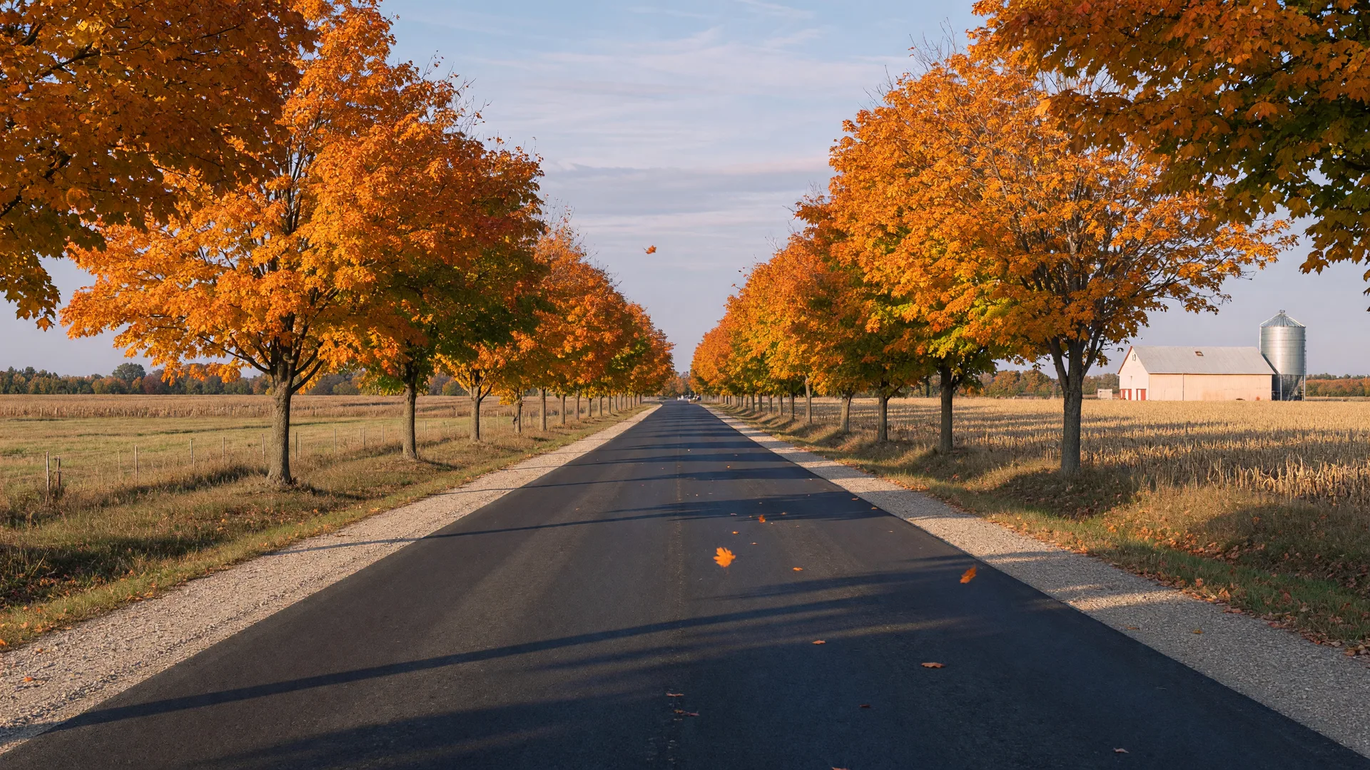 A quiet rural Ontario highway lined with maples in autumn colour