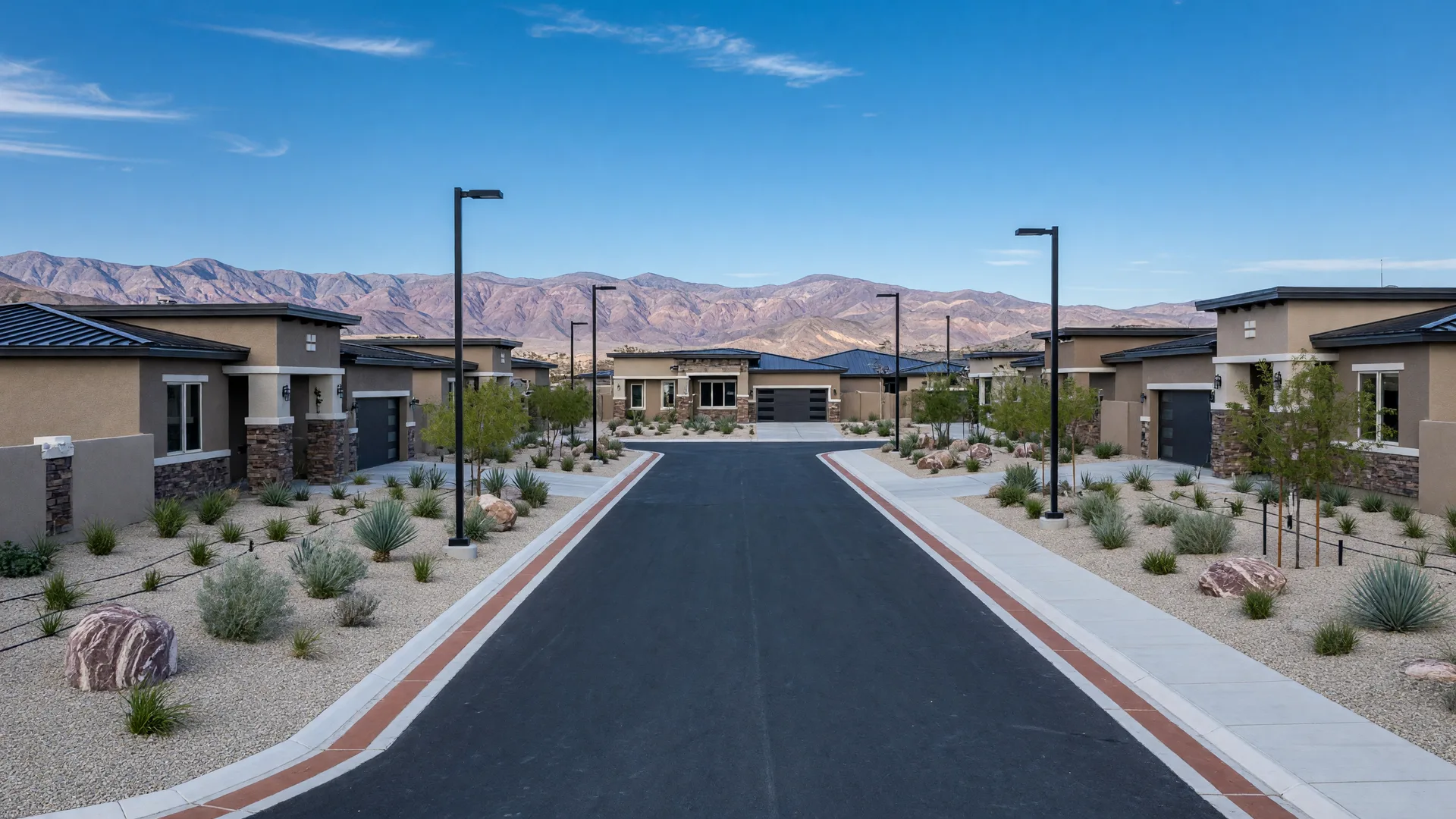 Single-story stucco homes and palms along a wide residential street in a North Las Vegas community with mountains on the horizon