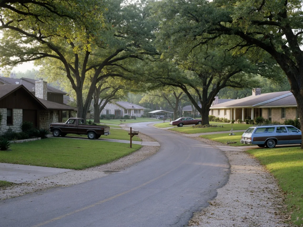 A quiet residential street in an established far north Bexar County development with mature oaks and larger-lot custom homes