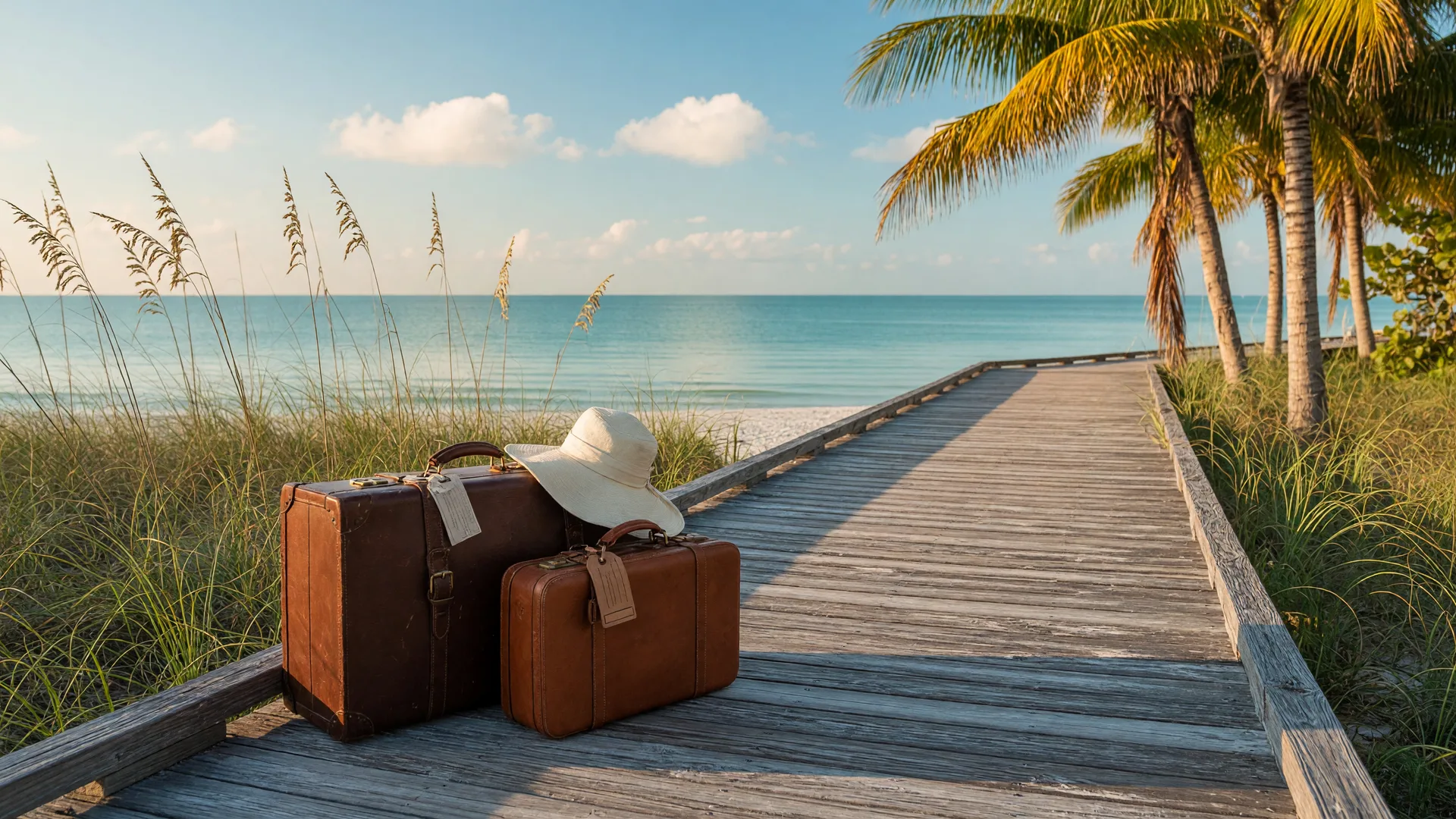 Two elegant leather suitcases and a folded linen sun hat resting on a weathered wooden boardwalk leading to calm turquoise Gulf water, palm trees and sea oats in golden morning light