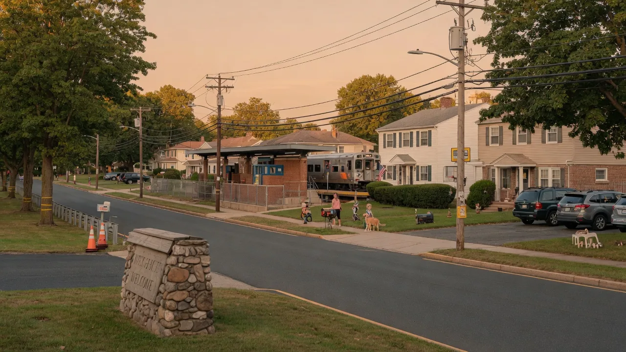 Welcome to Essex County New Jersey suburban town entrance with homes and train station in late-summer afternoon light
