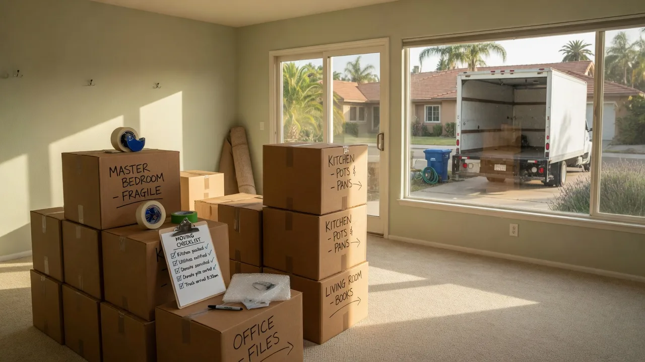 Neatly stacked labeled moving boxes and a clipboard checklist in a sunlit living room with a moving truck visible through the window