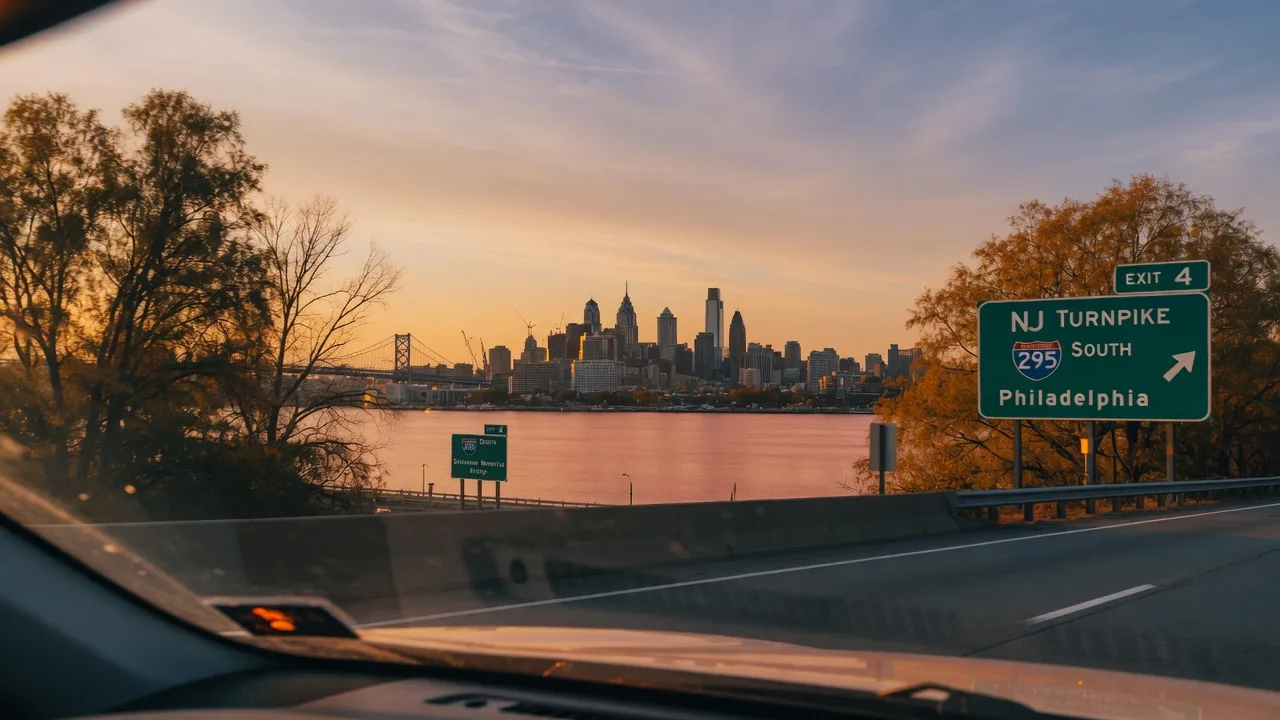 Philadelphia skyline viewed from a car windshield at golden hour with highway signs visible