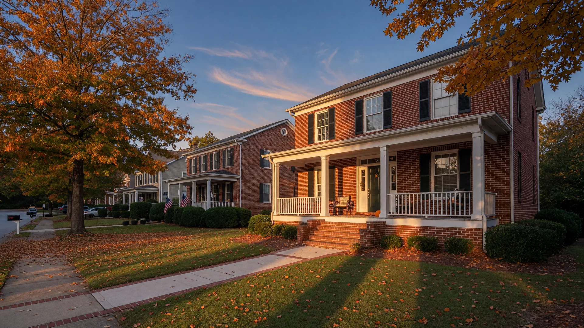 Classic brick home on a quiet Atlanta street at golden hour with early autumn leaves