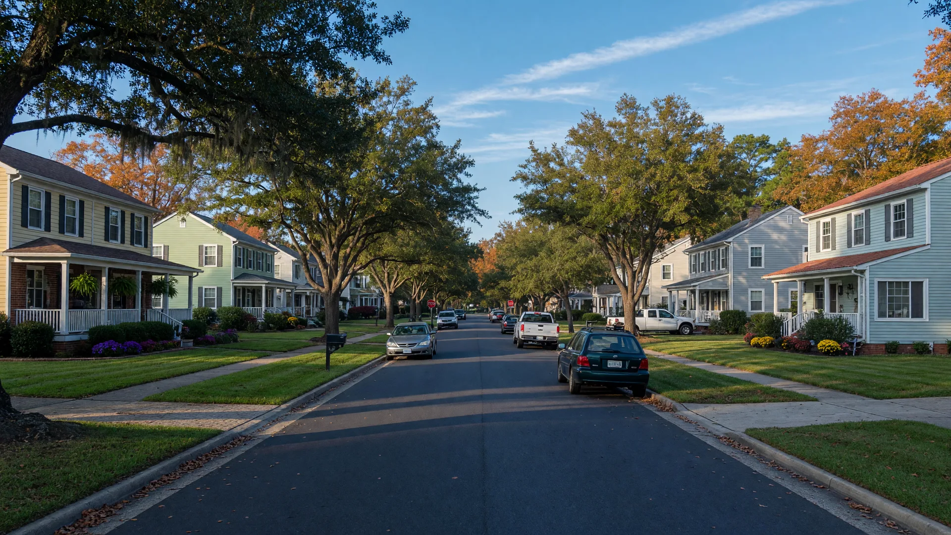Residential street in Virginia Beach with well-kept homes and mature live oaks on a clear autumn morning