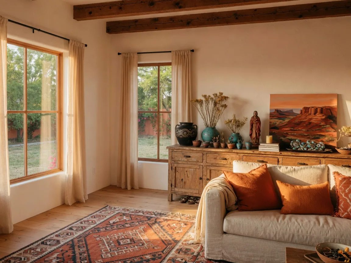 A bright, staged living room in a New Mexico home with natural light