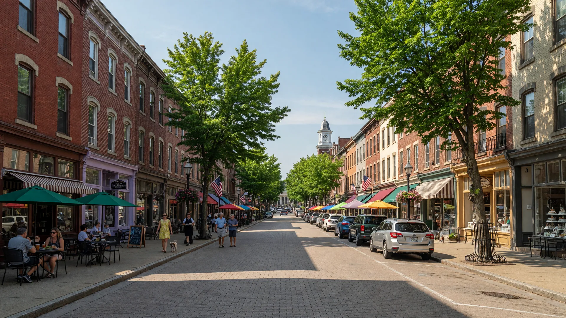 State Street in Media, Pennsylvania with historic buildings, shops, and outdoor dining on a summer afternoon