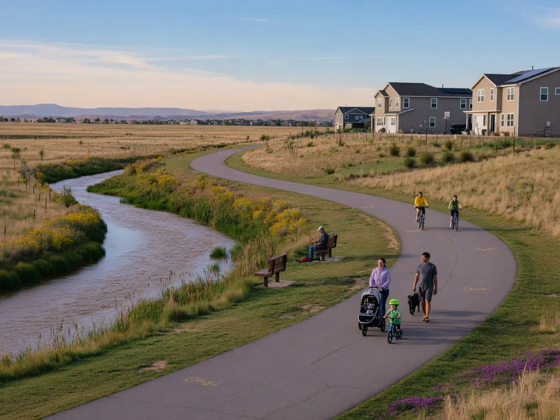 Community trail and fishing pond in Erie Colorado with residential neighborhoods in the background