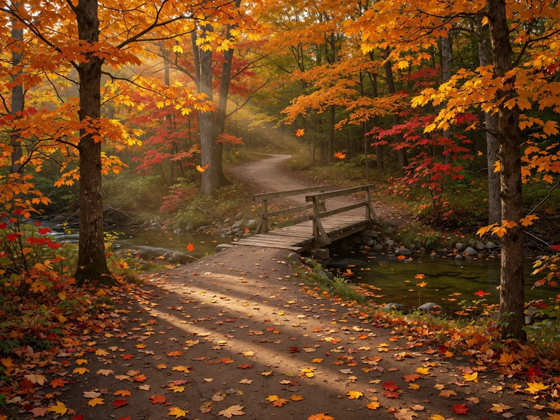 Peaceful October woodland trail with orange and gold maples, fallen leaves, and a small wooden footbridge in a southern Ontario conservation area