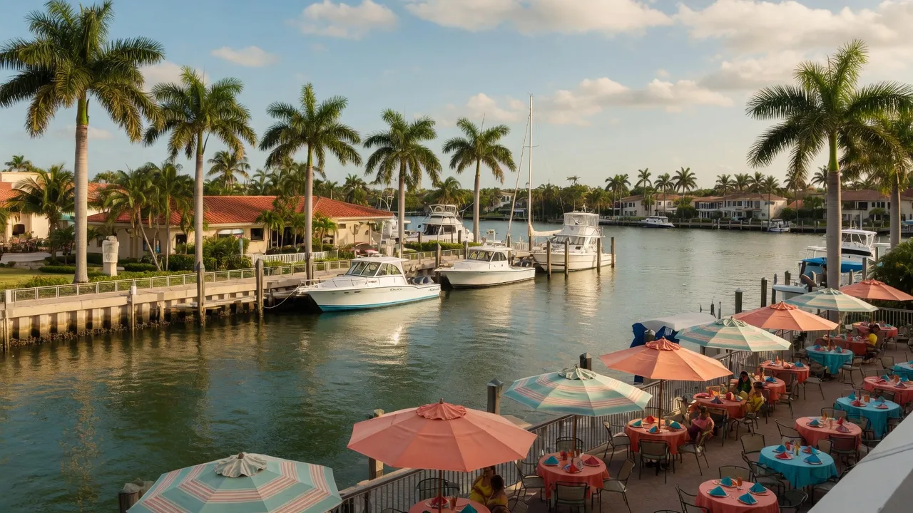 Boynton Harbor Marina with waterfront dining, boats, and palm trees along the Intracoastal Waterway