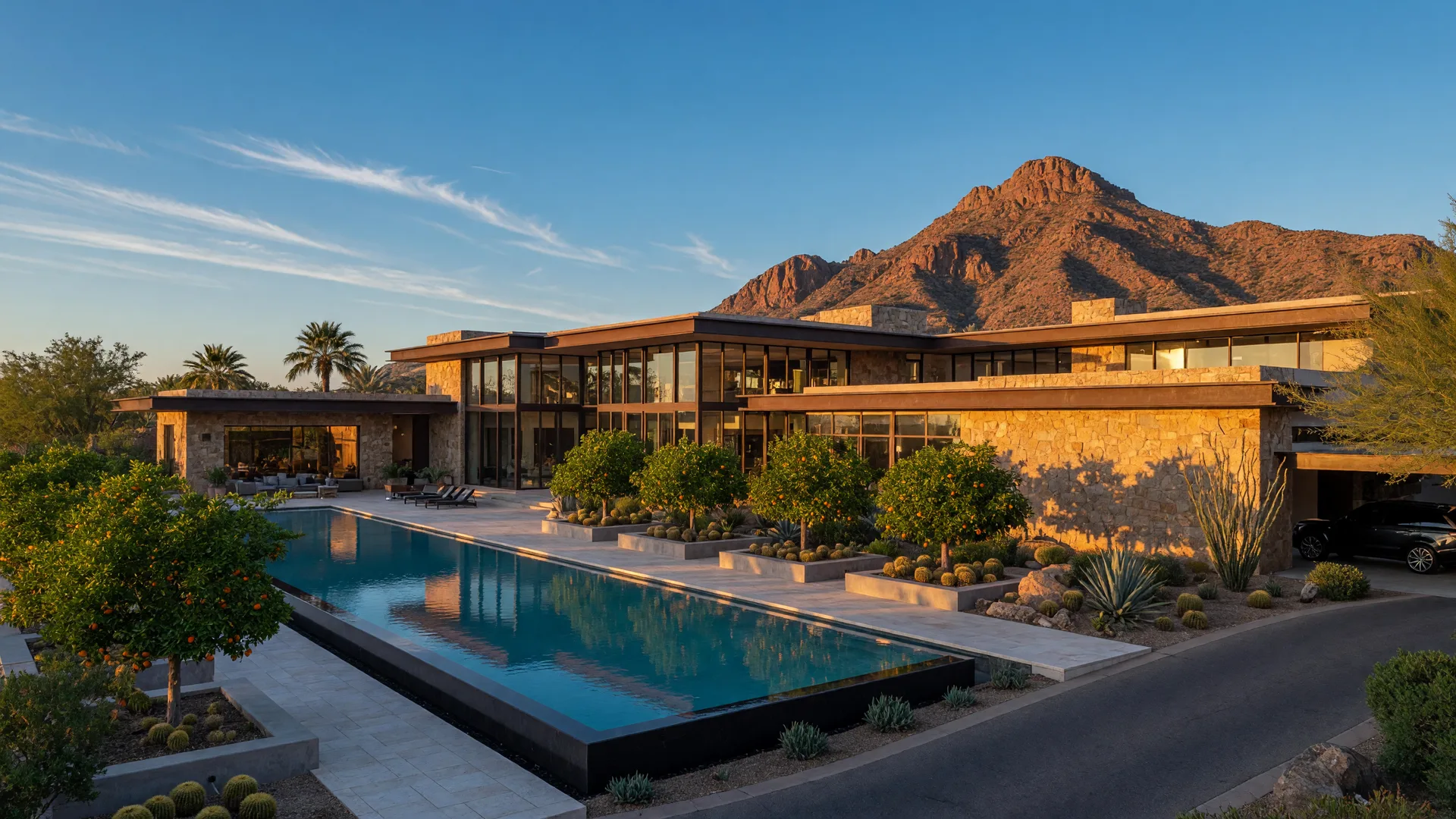 A sprawling modern glass-and-stone estate in Paradise Valley at golden hour with a pool terrace and Camelback Mountain on the horizon
