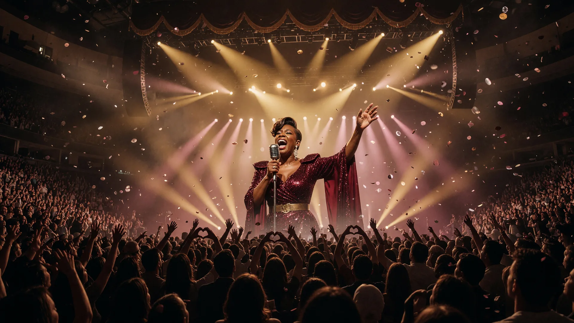 A legendary pop and soul singer performing on a grand arena stage in golden light with an enormous silhouetted crowd