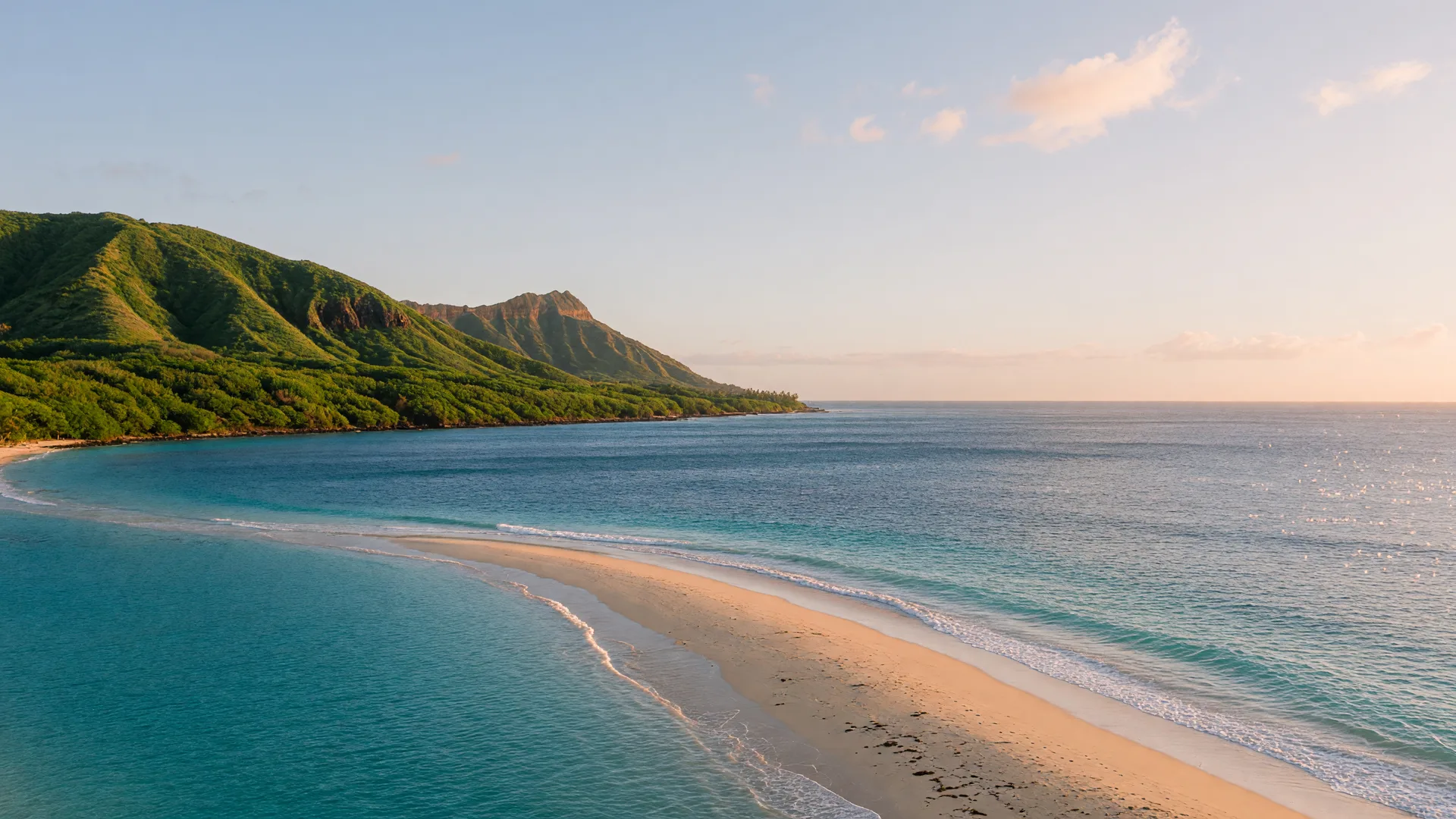Golden morning light over the turquoise coastline near Diamond Head, Oahu