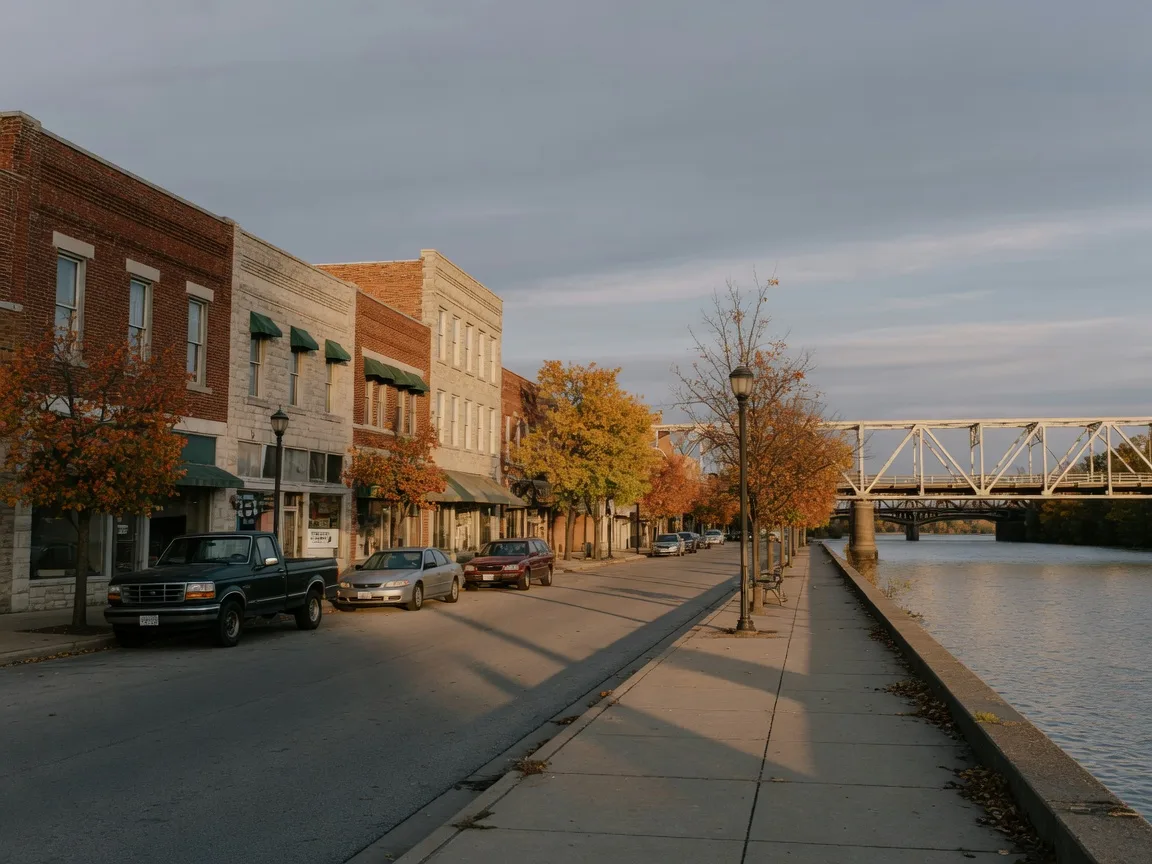 A quiet riverside street in a Central Illinois town in early autumn, with warm fall color and a truss bridge in the distance