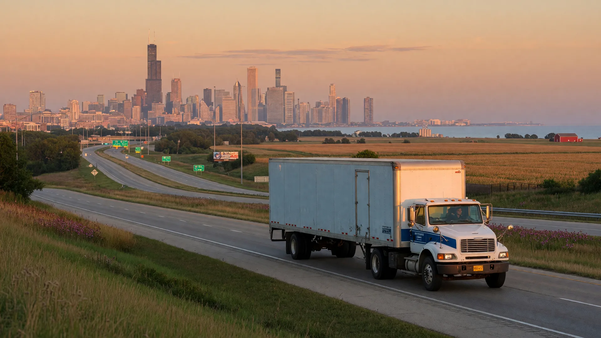 A loaded moving truck driving south on Interstate 55 out of Chicago at golden hour, the Chicago skyline and the edge of Lake Michigan receding behind it