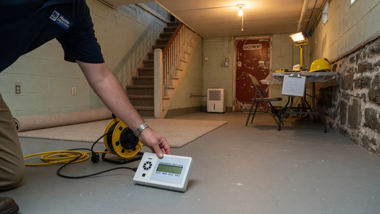 Home inspector placing a radon testing device on a basement floor in a New Jersey colonial home