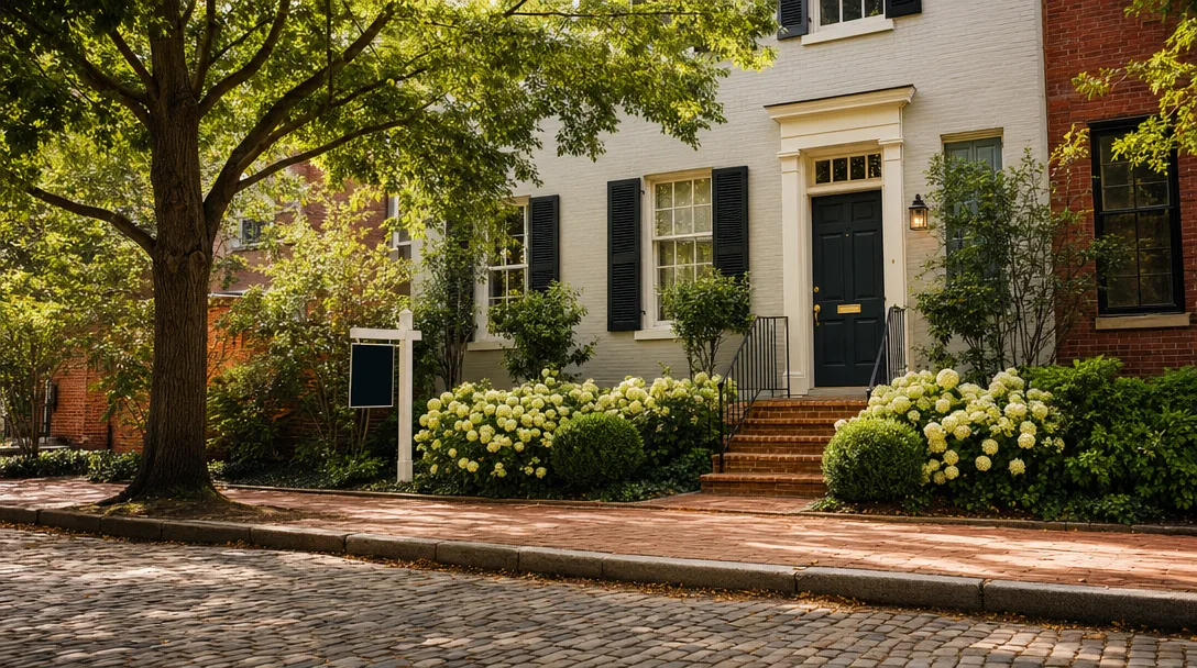 Modern home exterior in Washington DC's Capitol Hill neighborhood with mature trees, blooming hydrangeas, and a cobblestone street on a bright summer morning