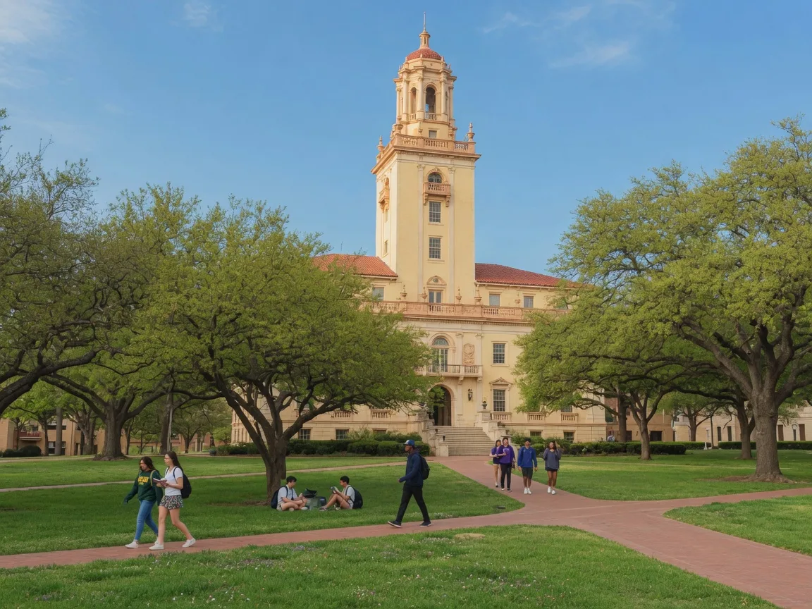 Baylor University campus in Waco Texas featuring Pat Neff Hall with Spanish Renaissance architecture and oak trees